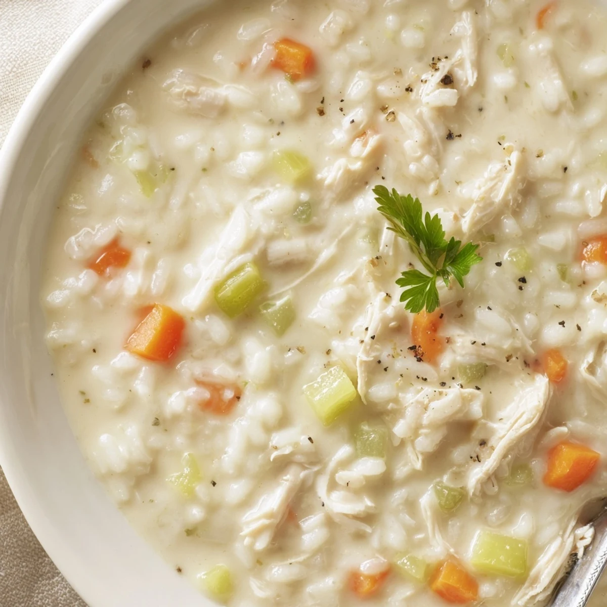 Hearty Creamy Chicken Rice Soup ladled over crusty bread for cozy nights  