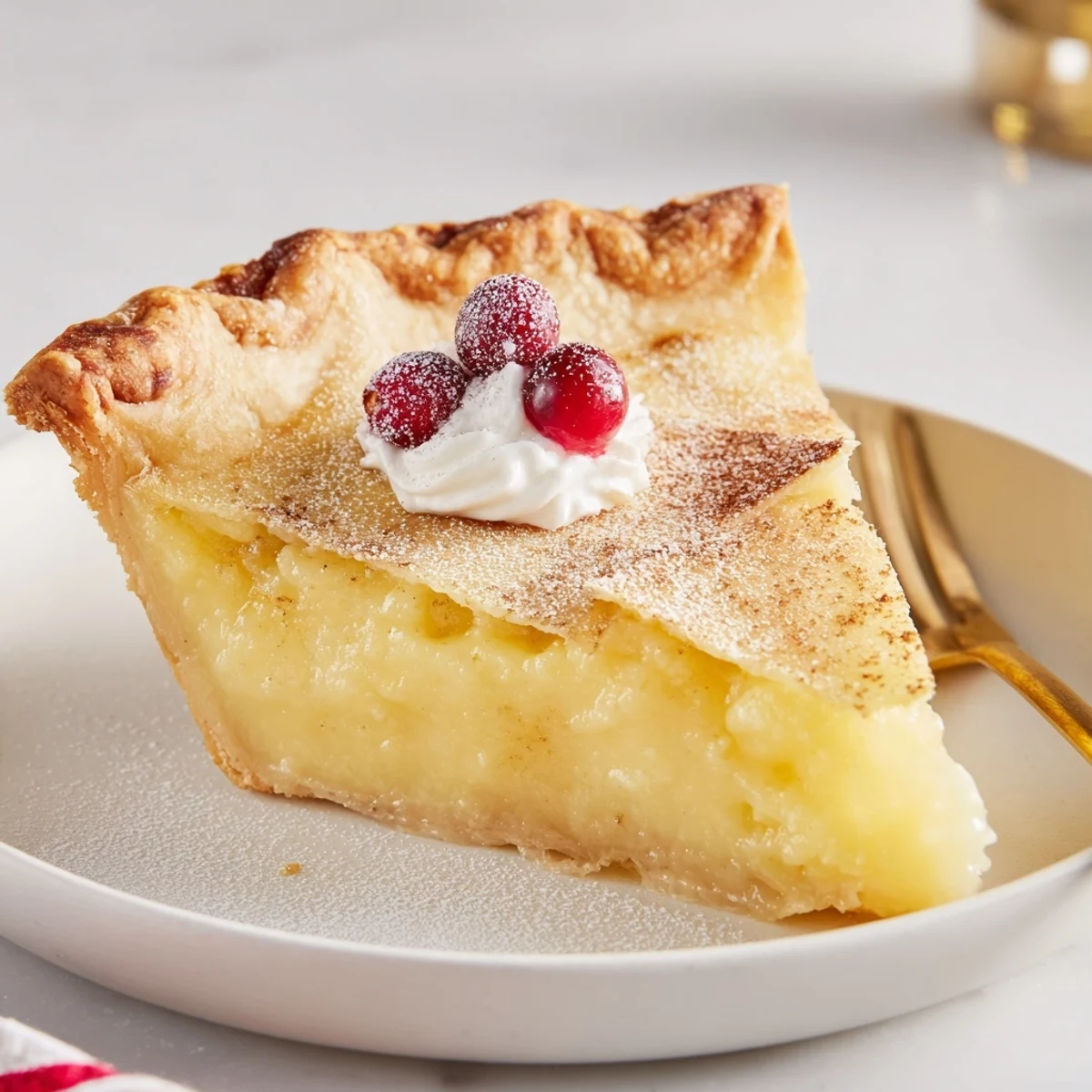 Velvety, cinnamon-scented slice of Christmas Eve Custard Pie With Cinnamon Vanilla