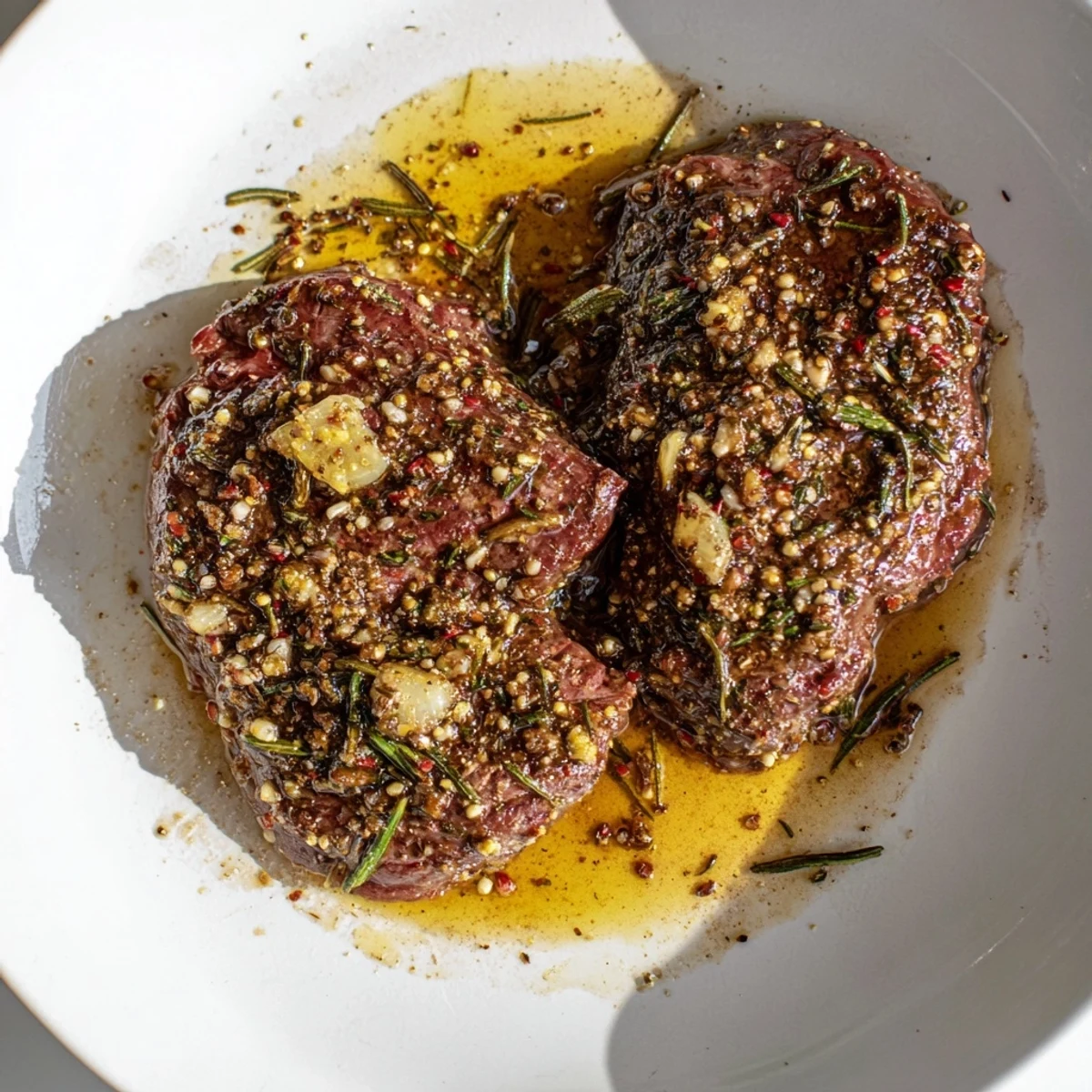 Homemade Steak Marinade coating steaks for grilling, tenderizing with bright lemon  