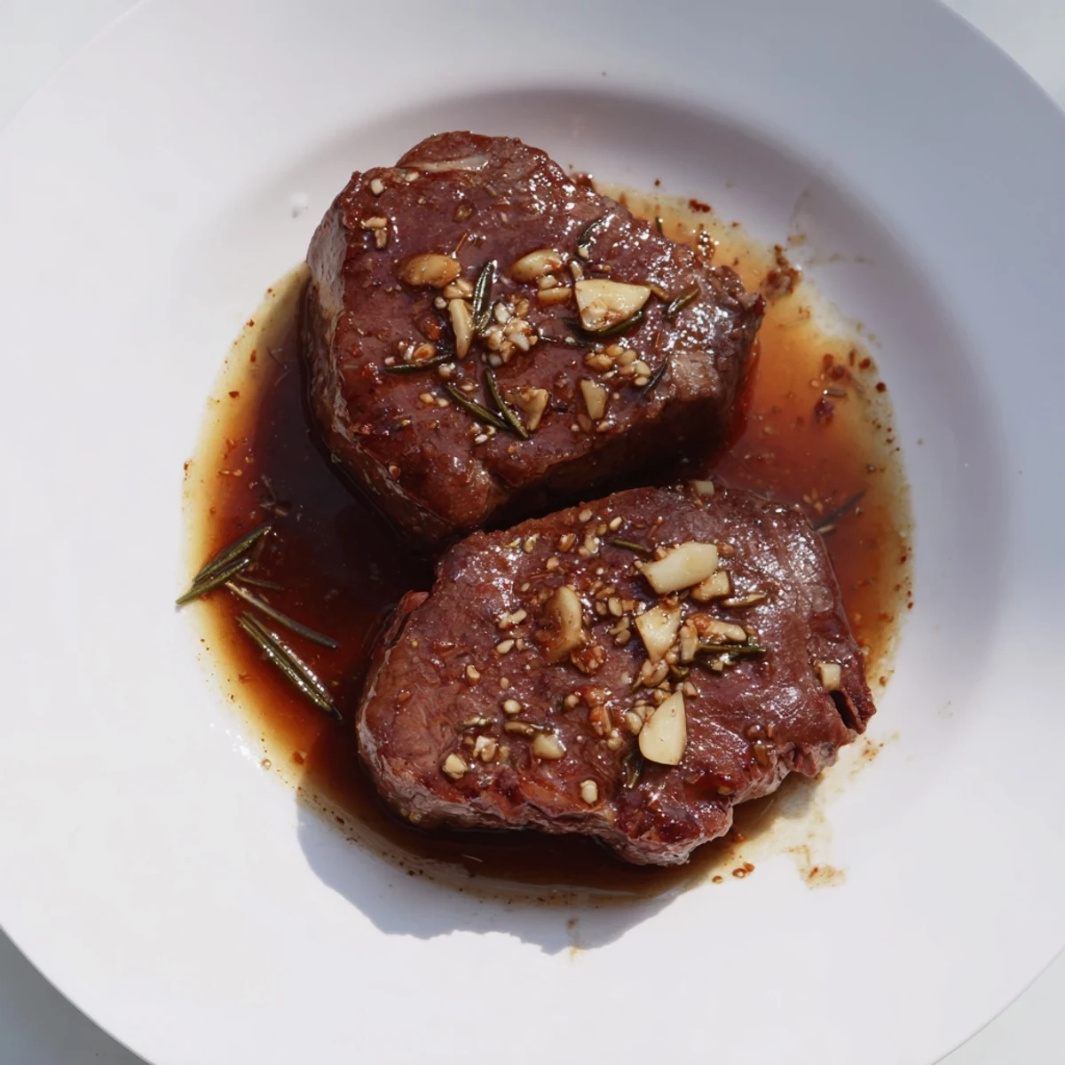 Steak Marinade glistening on raw steaks, garlic aroma and balsamic shine  