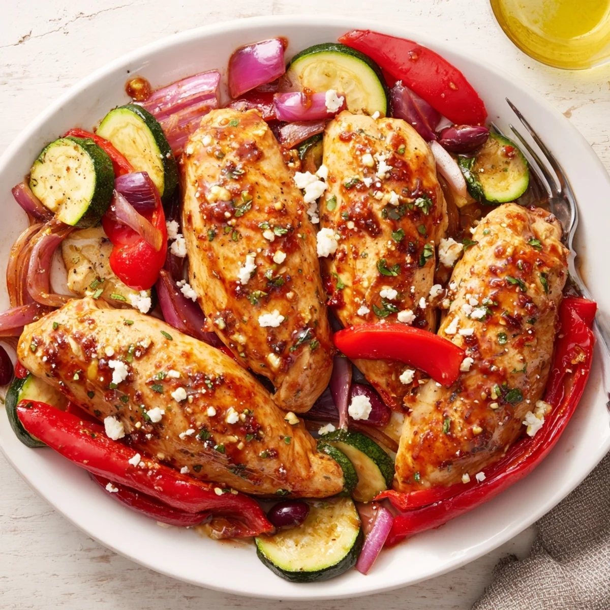 Roasted Sheet Pan Mediterranean Chicken Zucchini with golden veggies and lemon aromas