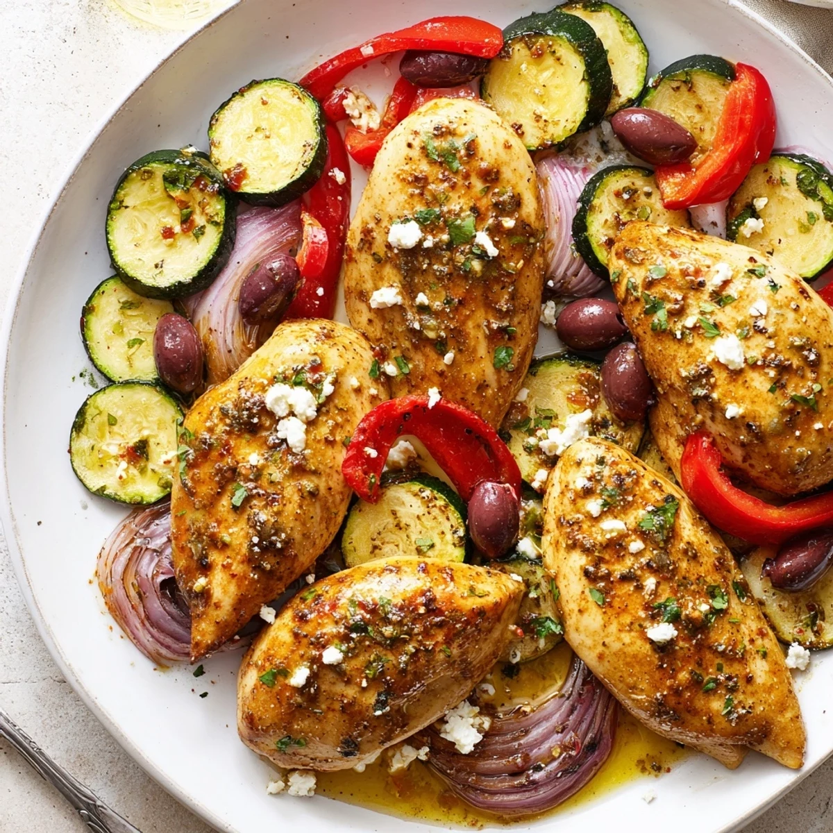 Sheet Pan Mediterranean Chicken Zucchini nestles among blistered tomatoes and fragrant olives