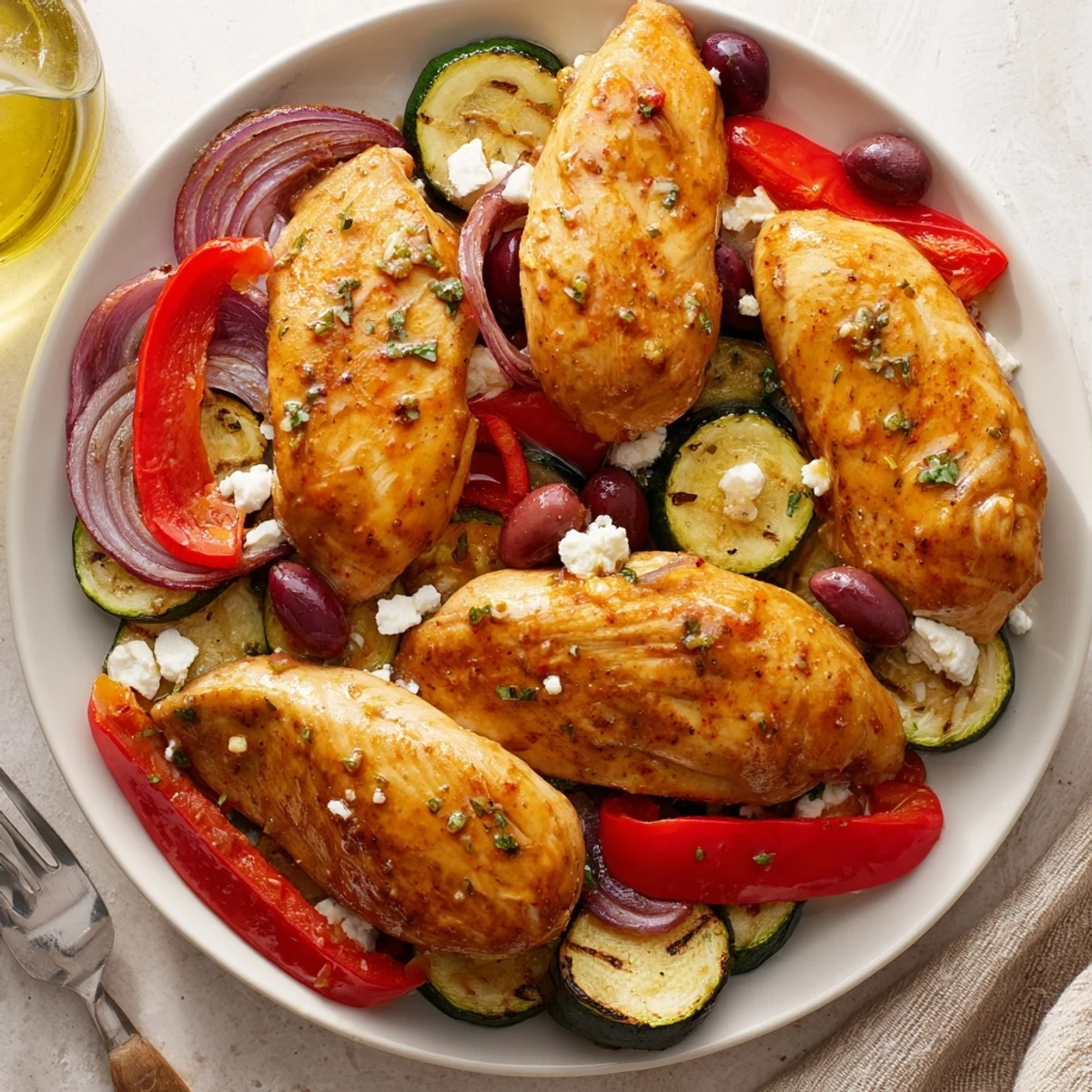 Serve Sheet Pan Mediterranean Chicken Zucchini hot with crumbled feta and warm pita