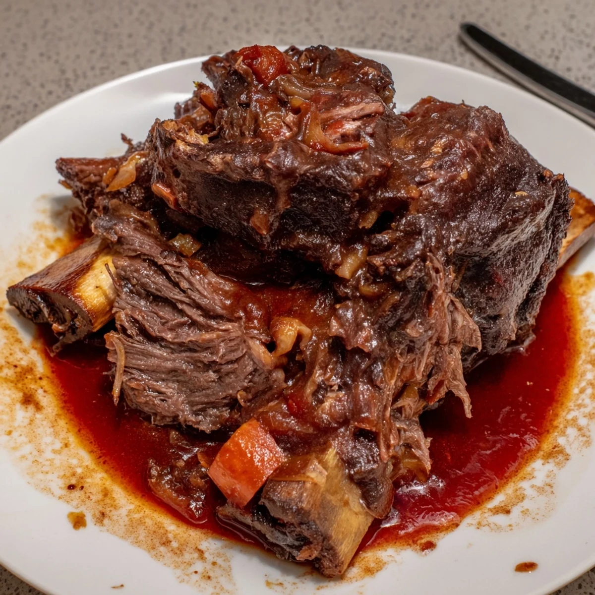 Slow Cooker Beef Short Ribs simmering in glossy red wine sauce, vegetables.