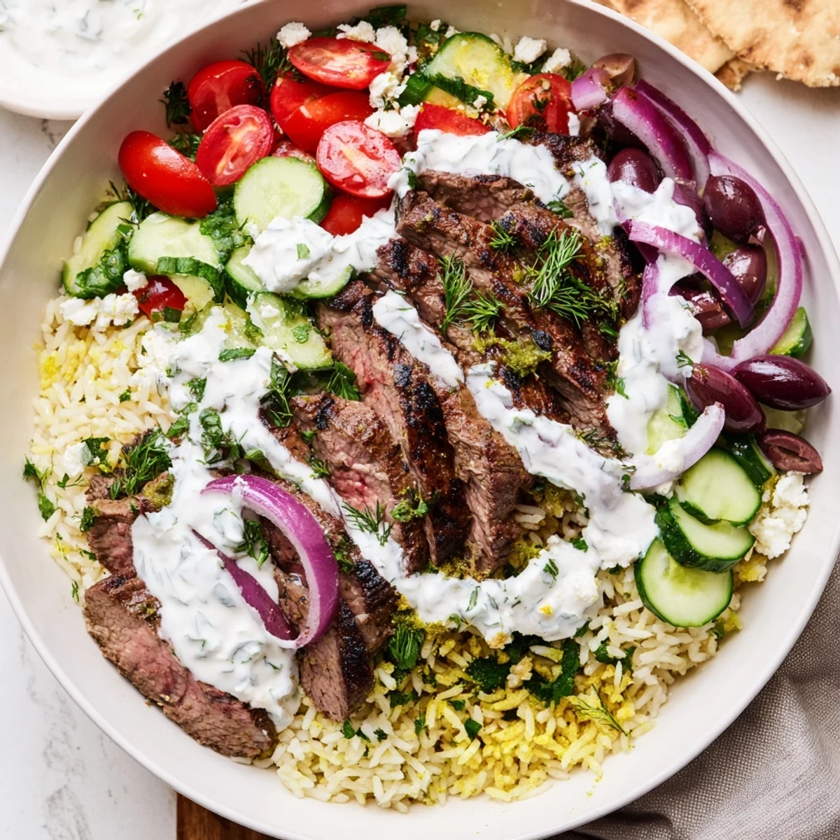 Colorful Mediterranean steak bowl with juicy grilled steak, fresh vegetables, and tangy yogurt sauce over lemon herbed rice