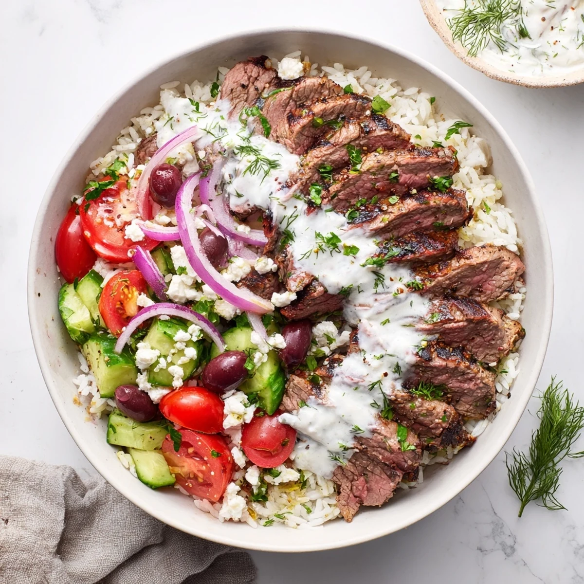 Sliced grilled steak served atop Mediterranean rice bowl with cherry tomatoes, cucumber, olives, and creamy feta cheese topping