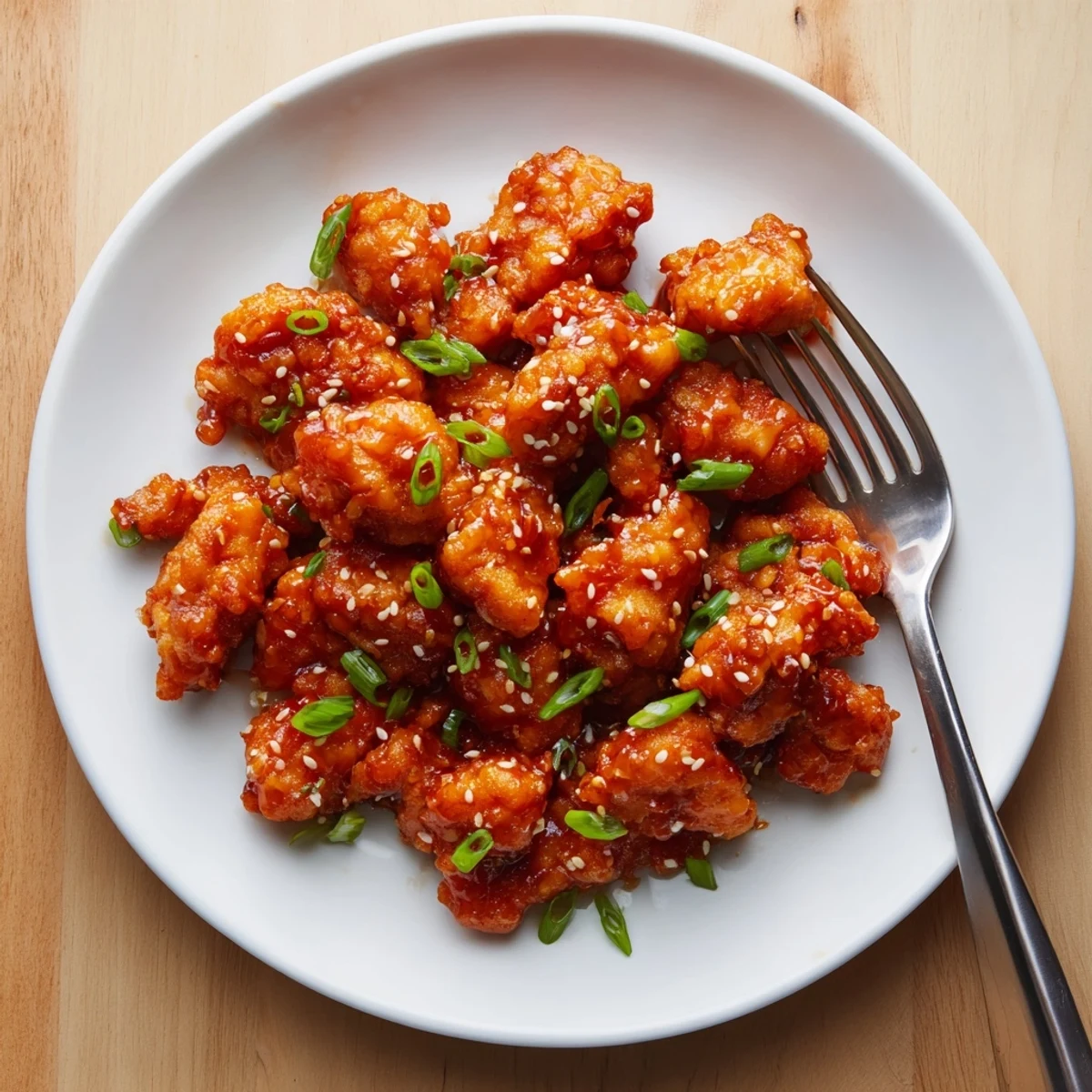 Golden orange chicken pieces coated in sticky sweet citrus glaze with sesame seeds