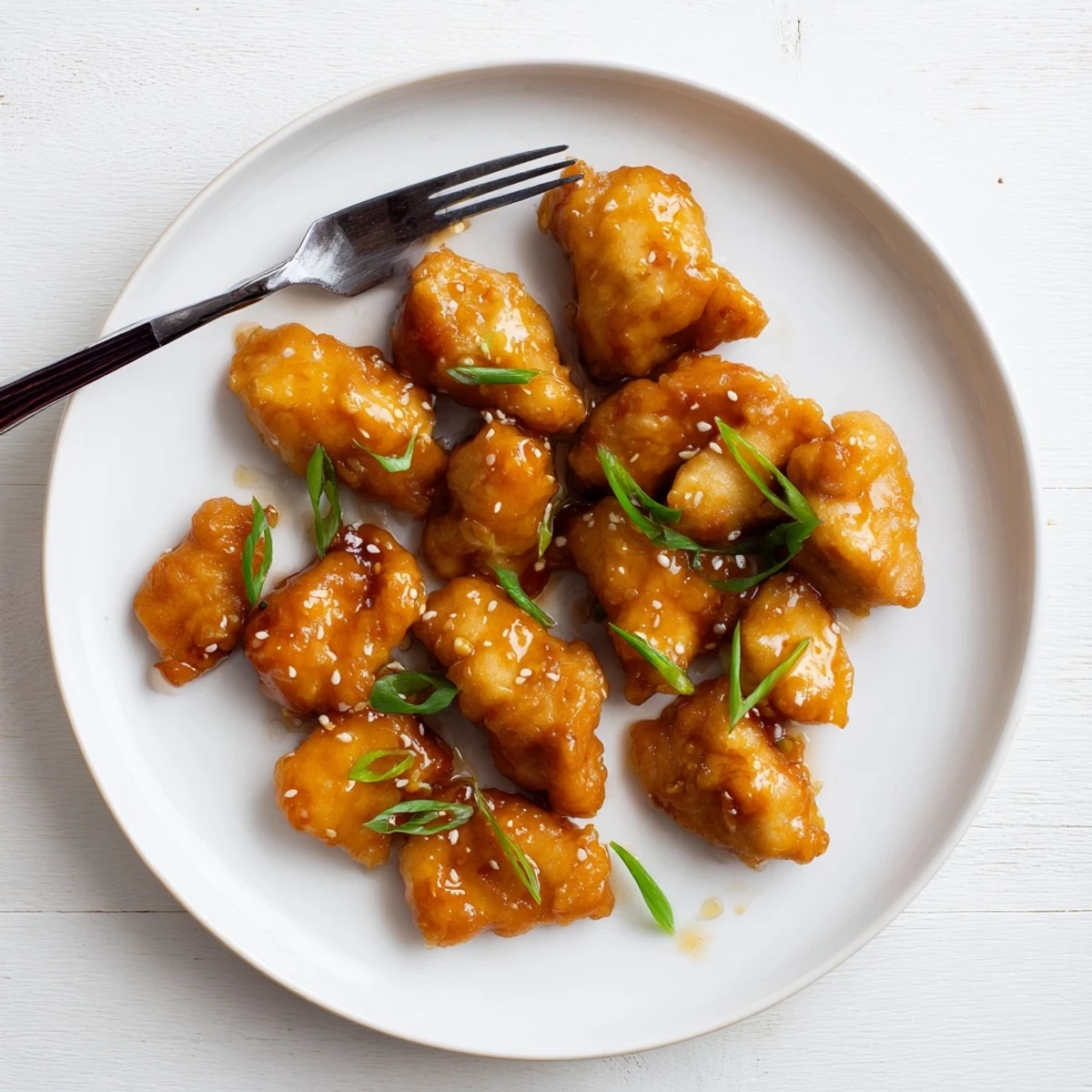Crispy fried orange chicken tossed in tangy sauce garnished with fresh green onions