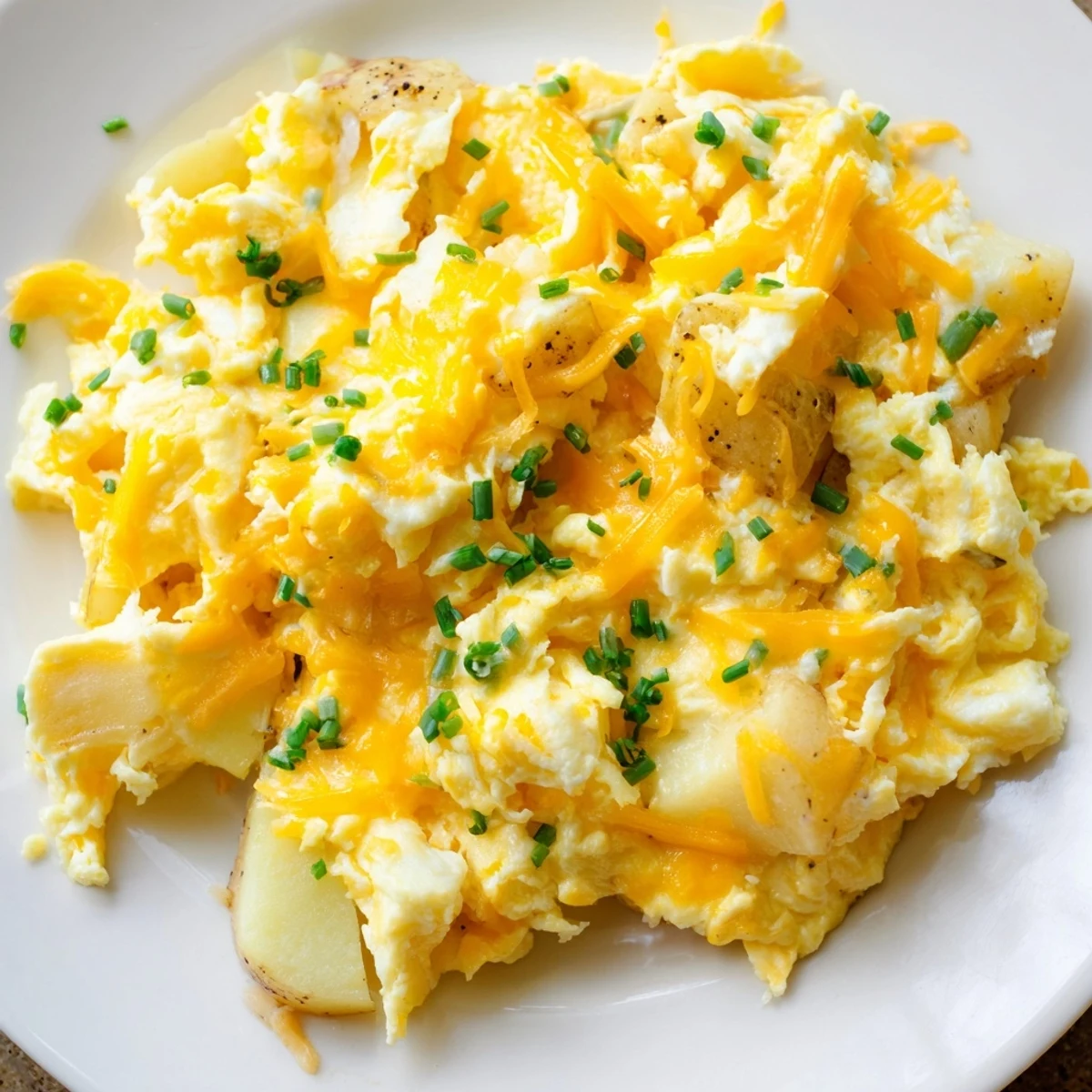 Fluffy scrambled eggs with tender potatoes and melted cheese in a rustic cast iron skillet