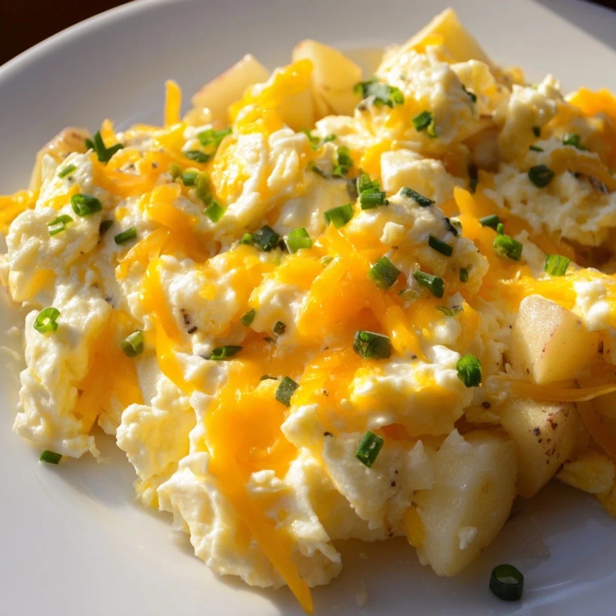Golden cheesy potato egg scramble with melted cheddar on a white ceramic plate