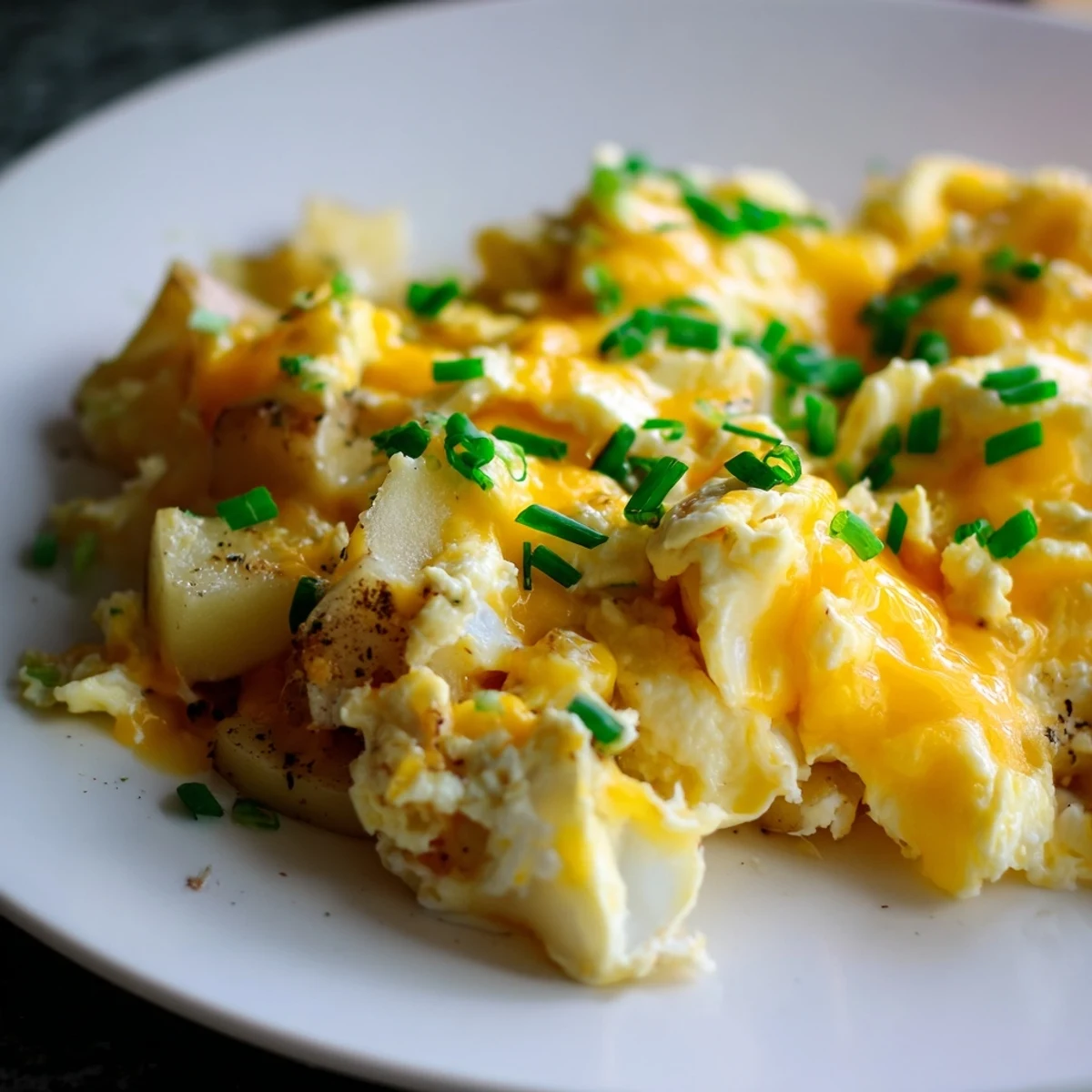 Hearty breakfast scramble featuring golden potatoes, fluffy eggs, and bubbly melted cheddar cheese topping