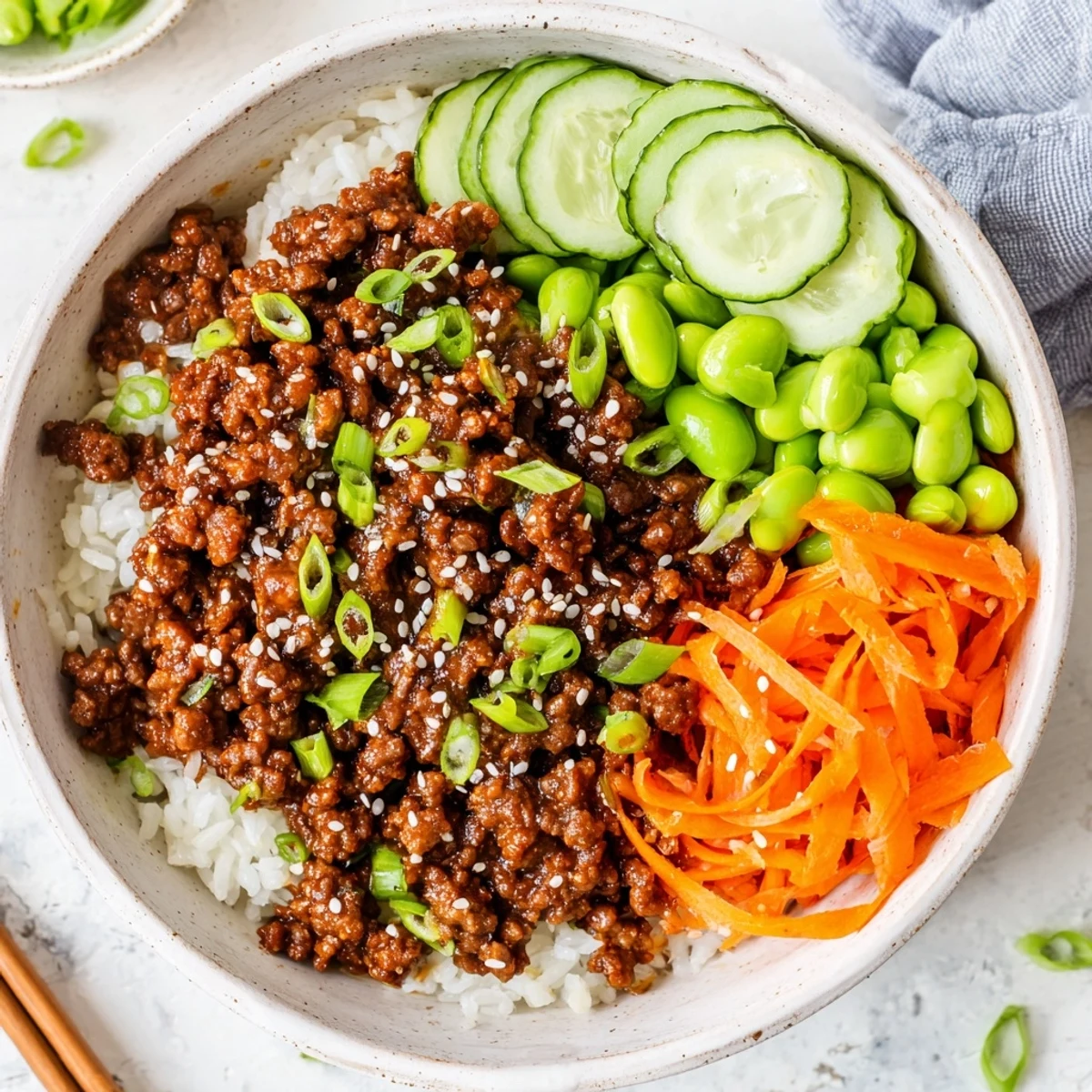 Savory spicy ground beef hot honey bowl served in a ceramic dish with crisp cucumber and carrots