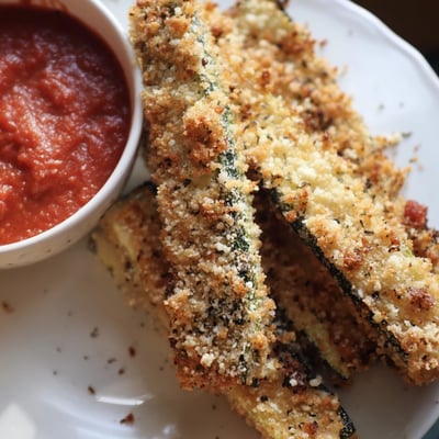 Oven-baked Baked Zucchini Fries with Marinara Sauce sit beside a small bowl of red sauce and fresh basil. 