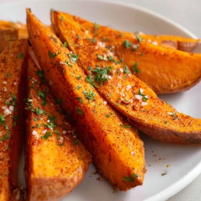 A close-up view of Roasted Sweet Potato Wedges with Smoked Paprika piled high on a platter, showing their savory seasoning and tender orange interiors. 