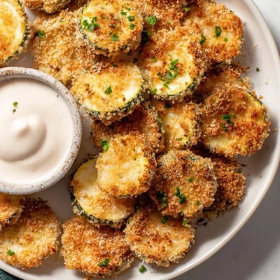 A serving of Crispy Air Fryer Zucchini Chips with Ranch on a white plate, featuring golden-brown breading and fresh green herbs visible.