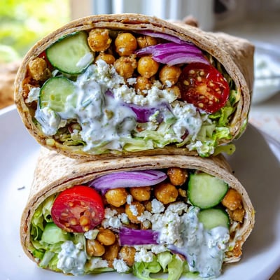 Freshly assembled Mediterranean Chickpea Wrap with tzatziki sauce, stuffed with romaine, cherry tomatoes, cucumber, red onion, and briny Kalamata olives.