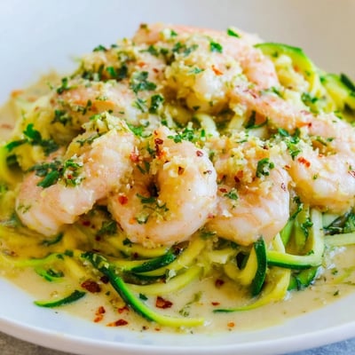 A close-up of Creamy Garlic Shrimp with Zucchini Noodles and Lemon, highlighting the rich, creamy sauce coating the shrimp and zucchini.