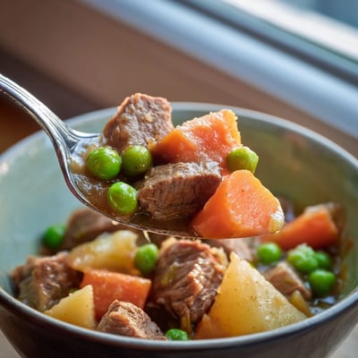 Thick Slow Cooker Beef Stew with Vegetables served in a rustic bowl, garnished with fresh thyme and savory peas for a cozy family dinner.