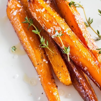 A close-up of roasted carrots with honey and thyme shows tender, glazed pieces flecked with fresh thyme leaves.