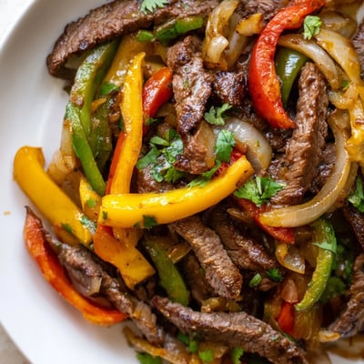 Colorful trio of sautéed red, yellow, and green bell peppers mixed with tender beef strips and onions, perfect for stuffing into soft tortillas at dinner.