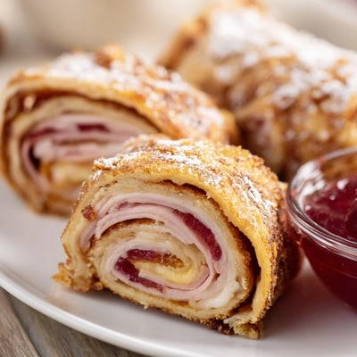 Monte Cristo Roll Ups with melted Swiss cheese, ham, and turkey, ready for a sweet and savory brunch dip.