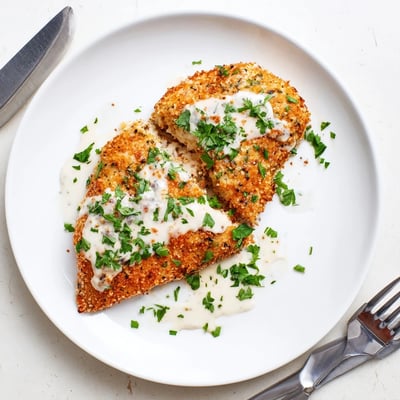 Sizzling pan-seared chicken topped with melted provolone and mozzarella, finished with a golden panko crust on a rustic wooden board.