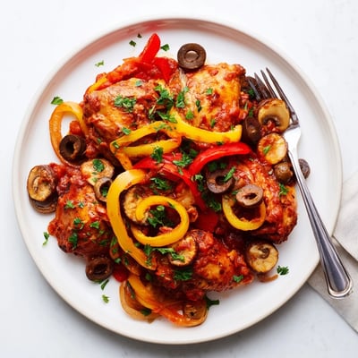 Savory Slow Cooker Chicken Cacciatore served over creamy polenta, garnished with fresh parsley and olives.