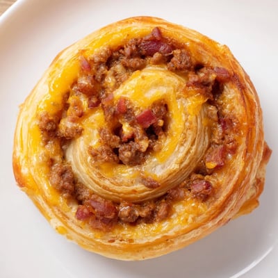 Close-up of golden Cheesy Bacon Burger Rollups showing ground beef and bacon filling in puff pastry.
