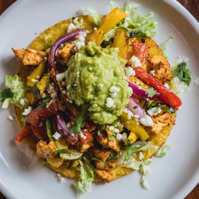 Colorful Chicken Veggie Tostadas With Guacamole arranged on a plate, featuring juicy chicken and fresh cilantro garnish.