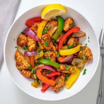 Savory Cajun Chicken Bell Peppers Spicy Delight served over fluffy rice, garnished with fresh parsley and lemon wedges.