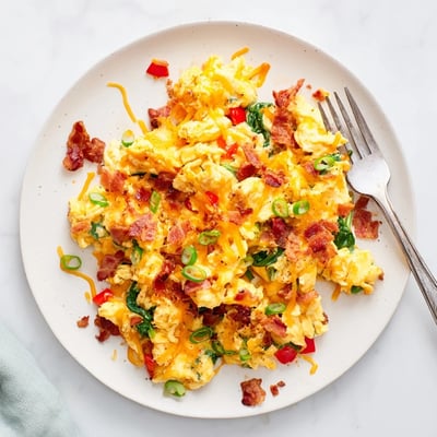Golden scrambled eggs Loaded Scrambled Eggs topped with crumbled bacon, green onions, and melted cheddar for a hearty breakfast.