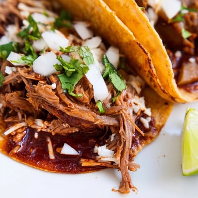 Golden birria tacos dipped in rich red consommé beside fresh lime wedges