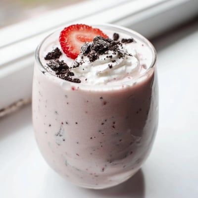 Pink creamy strawberry Oreo milkshake drizzled with strawberry slices and a fluffy whipped cream swirl