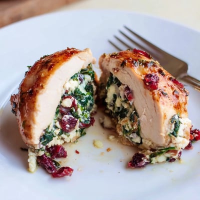 Sliced to reveal creamy cheese and tart filling, Cranberry Spinach Stuffed Chicken Breasts.